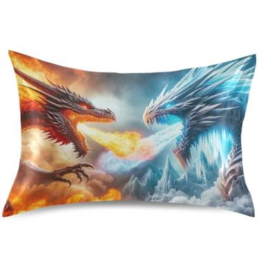Imagem de Capa de almofada de cetim com estampa de dragão de gelo de fogo para cabelo King Queen Standard Slip Cute Cooling Pillow Slips Bed Pillow Case, tamanho padrão, 66 cm x 50 cm
