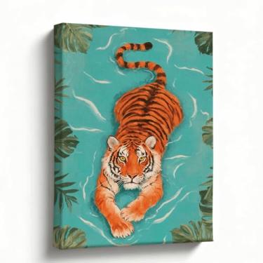 Imagem de Arte de parede de tigre, impressão em tela de safári na selva, decoração de vida selvagem tropical azul-petróleo para sala de estar, quarto, escritório, pintura boho moderna, presente para amantes da