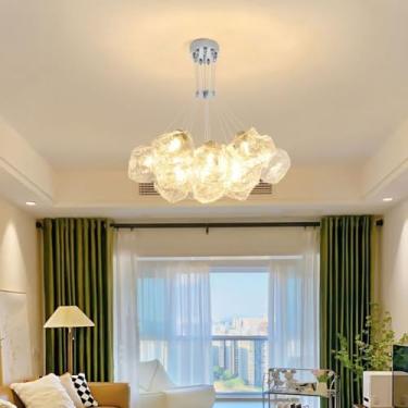 Imagem de Lustre decorativo moderno para sala de estar, com altura ajustável, formato de textura de gelo, luminária pendente em metal cromado, abajur de vidro, ideal para restaurante, quarto, cozinha,