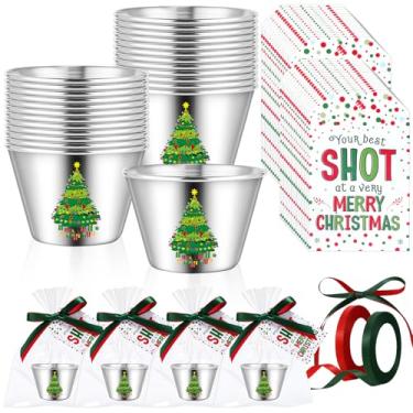 Imagem de Widecook Conjunto de 24 copos de shot de Natal, lembrancinhas de festa de Natal para convidados 59 ml, copos de uísque de aço inoxidável com etiqueta, cartões, sacos de petiscos, fitas, presentes de