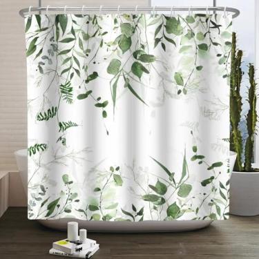 Imagem de Cortina de chuveiro de folha verde aquarela planta nórdica minimalista cortina de banho de poliéster impermeável tela de banheira com ganchos 95 x 180 cm/LxA cortina de chuveiro moderna