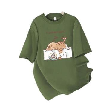 Imagem de Camiseta De Algodão Feminina De Verão Com Estampa De Gato Dormindo, De