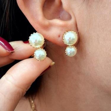 Imagem de Brinco De Pressão Duas Perolas Folheado A Ouro - FAMA FOLHEADOS