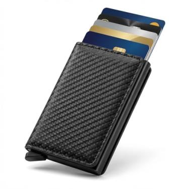 Imagem de Carteira masculina de fibra de carbono com porta-cartões pop-up com bloqueio de RFID, fina, minimalista, bolso frontal, capacidade para 9 a 14, compartimento para dinheiro, Preto, Tendência