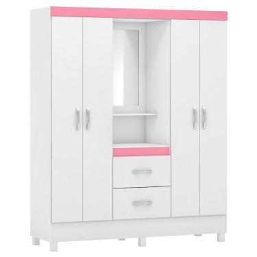 Imagem de Guarda Roupa 4 Portas Com Pés E Espelho Lord Branco Rosa