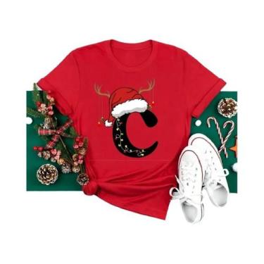 Imagem de Camiseta Feminina Vermelha De Natal Com Alfabeto 26 A-Z Casual Fashion