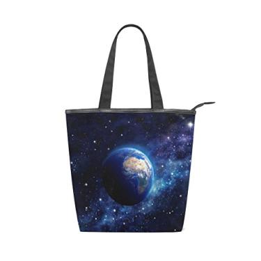 Imagem de Bolsa feminina de lona durável Planeta Terra no espaço sideral, sacola de compras de grande capacidade