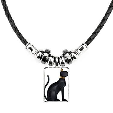 Imagem de DIYthinker Colar com padrão de gato preto abstrato do antigo Egito Joia Torque Pingente de corda de couro