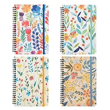 Imagem de Cadernos espirais, 15 × 20 cm, pacote com 4 cadernos florais de capa dura para meninas e estudantes escolares, bolso interno, 80 folhas/160 páginas