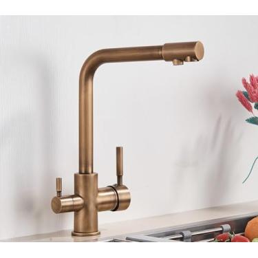 Imagem de Filtro de níquel escovado torneira da cozinha água potável torneira da cozinha deck montado alças duplas misturador de água fria de 3 vias, latão antigo