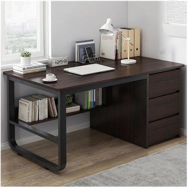 Imagem de Mesa de escritório multifuncional moderna com 3 gavetas e prateleiras de armazenamento - Mesa ajustável para estação de trabalho de computador e área de estudo, nogueira, 120X48X75CM