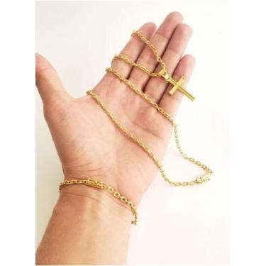 Imagem de Corrente Banhado A Ouro Cadeado 3mm Pulseira+Pingente Cruz - Mk Jóias