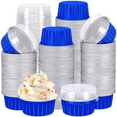 Imagem de Gejoy 400 peças de copos de alumínio para assar, com tampas, 142 g, ramequins descartáveis, mini formas de bolo, creme brulee, forros de cupcake, latas de muffin, molde de pudim, recipiente de