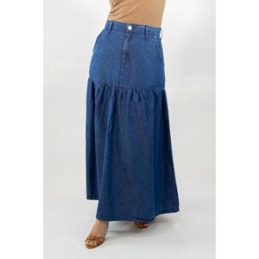 Imagem de Saia Longa Jeans Escuro Soft Feminina Alta Babado Anticorpus-Feminino