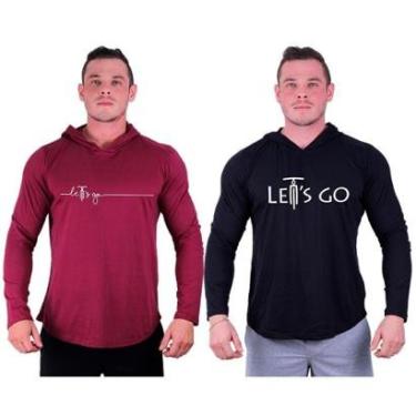 Imagem de Kit 2 Camisetas Manga Longa com Touca Longline Estampada Fitness Musculação Dia-a-Dia-Masculino