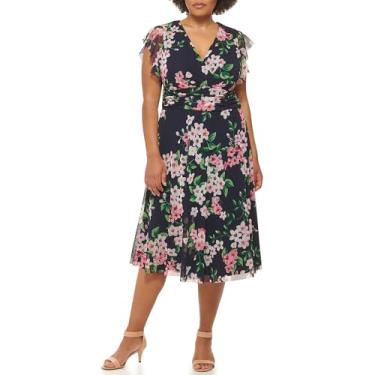 Imagem de Jessica Howard Vestido midi feminino plus size floral manga esvoaçante decote em V chiffon, Pansy azul-marinho, 25 Plus Size