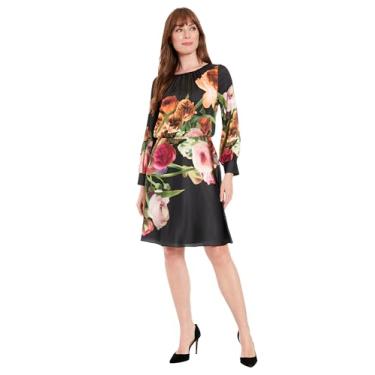 Imagem de London Times Vestido feminino elegante floral na altura do joelho com mangas compridas - versátil para casamentos, trabalho e coquetéis, Preto/Mostarda, 42
