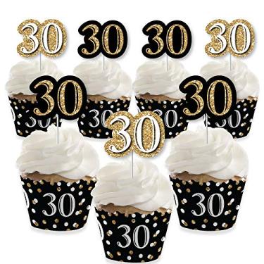 Imagem de Big Dot of Happiness Adulto 30º aniversário - ouro - decoração de cupcake - kit de envoltório de festa de aniversário e palitos de petiscos - conjunto de 24