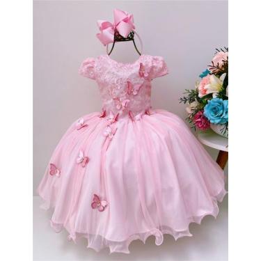 Imagem de Vestido infantil rosa renda c/ borboletas dama princesas - vila lele