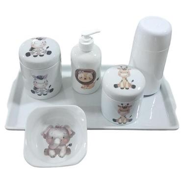 Imagem de Kit higiene bebê Safari 6 peças - MENINA - bandeja, potes, porta álcoo