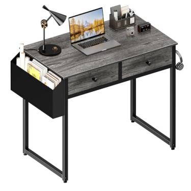 Imagem de Lufeiya Mesa pequena com gavetas – para quarto, mesa de computador de escritório doméstico de 81 cm com gaveta e bolsa de armazenamento de tecido, mesa de estudo para espaços pequenos, cinza