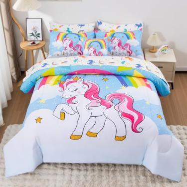 Imagem de Keyroal Conjunto de edredom queen de unicórnio, 8 peças, colorido, arco-íris, céu colorido, para crianças e adolescentes, super macio para todas as estações, azul