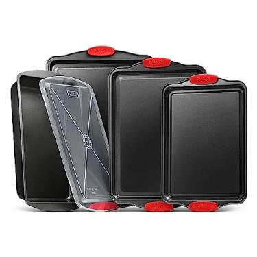 Imagem de Conjunto de 5 formas antiaderentes de assadeira de aço carbono de qualidade profissional com revestimento cinza interno e externo – pequenas, médias e grandes, assadeira e tampa de plástico