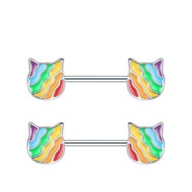 Imagem de Kokoma Anéis de mamilo de coração arco-íris 14G para mulheres, aço inoxidável, colorido, esmaltado, gato, escudo de mamilo, anéis de língua reta, joias delicadas para piercing corporal, 14 Gauge, Aço