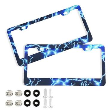 Imagem de SDMKA Molduras de placa de licença Blue Lightning, 2 peças, 2 furos, moldura de placa de licença de alumínio, suporte de placa de carro com tampas de parafuso, orifício elíptico