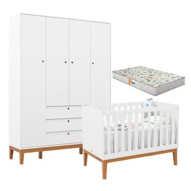 Imagem de Berço Americano E Guarda Roupa Unique 4 Portas Branco Soft Eco Wood Com Colchão Gazin - Matic