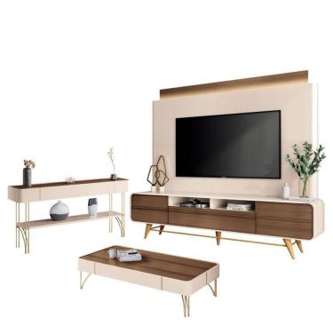 Imagem de Estante Home Theater Nobre E Aparador Vivant E Mesa De Centro Cadenza Off White Castanho – Hb Móveis
