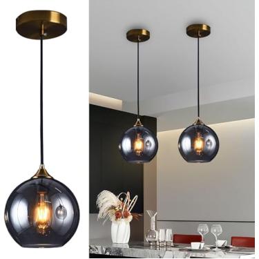Imagem de Luz Pendente Preta Moderna Bola De Vidro Fumê Fazenda Teto Pendurado Luz Cromada Vidro âmbar Vintage Lustre Industrial Para Sala De Jantar Cozinha Ilha Restaut Bar Cafe, Grey