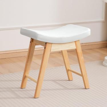 Imagem de COSTASKF Banqueta pequena com almofada de sela, cadeira de maquiagem de madeira maciça com assento de esponja, banco de apoio para os pés fácil de montar para quarto, entrada, banheiro, tronco branco