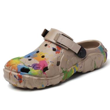 Imagem de Tamancos masculinos Color Splash EVA – Sapatos de jardim leves e respiráveis com alça ajustável, sandálias de verão antiderrapantes à prova d'água para praia, quintal e uso diário, Cáqui, 42 BR