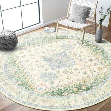 Imagem de MUJOO Tapetes redondos de 1,8 m, tapete circular lavável, tapetes circulares para sala de estar, sala de jantar, tapete grande boho antiderrapante verde claro e azul