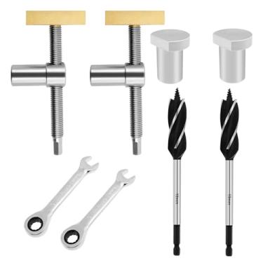 Imagem de Tzdxfgl 2 braçadeiras de banco para cães, braçadeiras ajustáveis para cães para marcenaria com 2 brocas 2 chaves catraca, batente de bancada ajustável de aço portátil, clipe de bancada de usinagem de