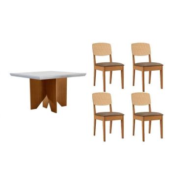Imagem de Conjunto Sala de Jantar Nevada c/ Tampo Madeirado c/ Vidro Canto Curvo 90x90cm e 4 Cadeiras Havana Premium Naturale/Off White - Capuccino/Suede Capucc