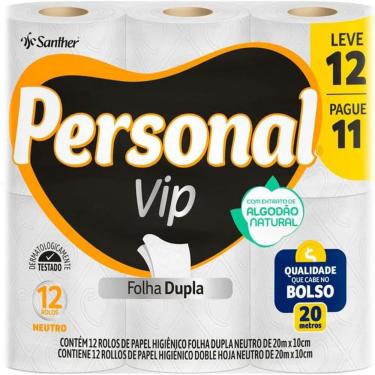 Imagem de Papel Higiênico Personal Vip Folha Dupla Neutro com Extrato de Algodão Natural 20M Leve 12 Pague 11