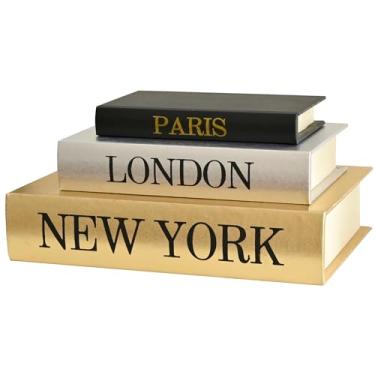 Imagem de Caixas de livros decorativas, conjunto de 3, dourado, prata, preto, design de compartimento oculto, tema de Nova York Londres Paris, estilo glamour moderno