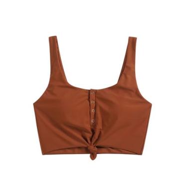 Imagem de Top de biquíni ZAFUL Front Knot Crop Tankini acolchoado em nylon marro