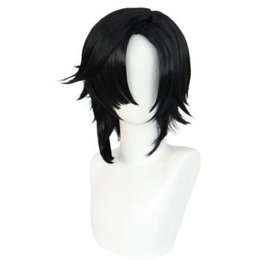 Imagem de Peruca preta em camadas de anime de 36 cm, cabelo sintético de comprim