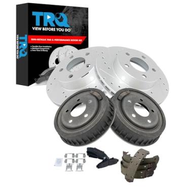 Imagem de TRQ Pastilha de freio dianteiro e traseiro e rotor, kit de sapata e tambor Desempenho semi-metálico revestido com G premium compatível com Ford Ranger Mazda B3000 1998-2000 B4000 1998-2000