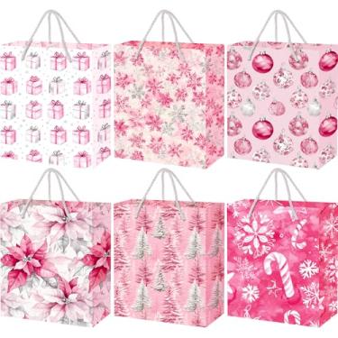 Imagem de Hillban 12 unidades de sacos de presente médios de Natal com alças de fita, sacos de guloseimas de Natal a granel com estampas de Natal para festa de Natal, ano novo, inverno, 23 x 18 x 10 cm (feriado