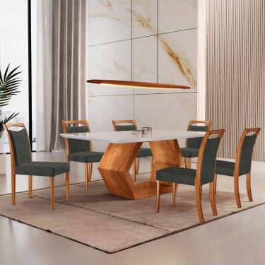 Imagem de Mesa Ane 180 Tampo Com Vidro Laqueado Com 6 Cadeiras Livia Jade Off White Imbuia Natural