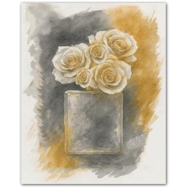 Imagem de ZUKIY Golden Bloom Elegance Trio - Arte de parede com pôster dourado 20 x 25 cm - Impressão floral abstrata sem moldura para banheiro, quarto ou escritório - Decoração de casa chique moderna em tons