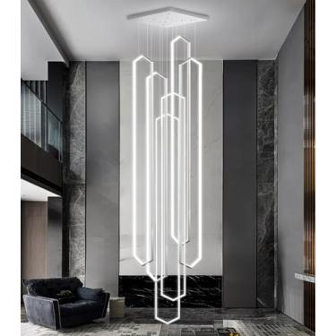 Imagem de Lustre grande de 6 anéis para escada, lustre moderno para pé direito alto, lustre LED dimerizável para hall de entrada, sala de estar, casa de campo, cor prata