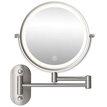 Imagem de Espelho de maquiagem montado na parede, tela sensível ao toque de LED, ajustável com 3 luzes coloridas, espelho de maquiagem dupla face 1X/5X com ampliação