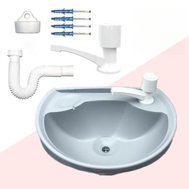 Imagem de Pia de Banheiro com Sifão e Ralo Lavatório Completo Antimanchas em Plástico Cuba para Banheiro com Kit de Instalação (4L CINZA + TORN + SIF)