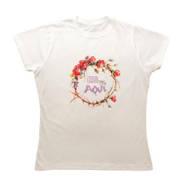 Imagem de Baby Look Evangélica Eis Me Aqui Algodão Premium com strass - Tenella,