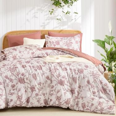 Imagem de Luxudecor Conjunto de edredom floral, tamanho Queen, 7 peças, flor rosa blush com cama de pássaro em uma bolsa, edredom macio reversível com jogo de cama 228 x 228 cm